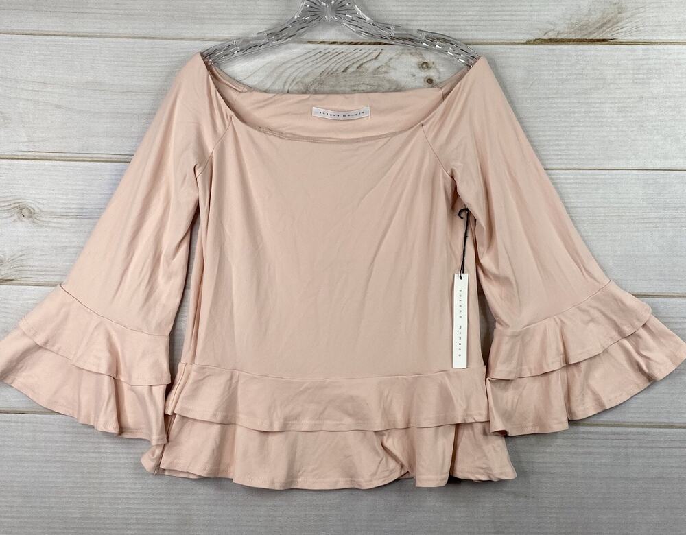 Susana Monaco Top Womens S Pink Off Shoulder Bell Sleeve Ruffled Stretch NWT
